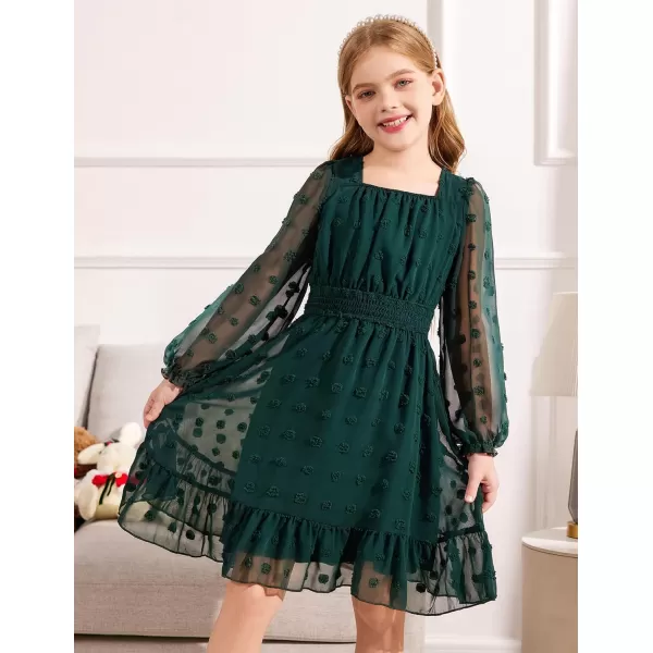 Arshiner Girls Dresses Long Sleeve Square Neck Swiss Dot Casual Flowy Dress