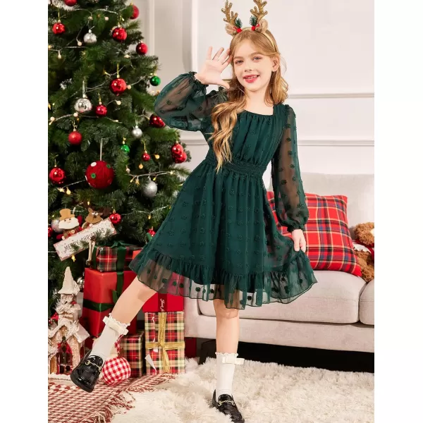 Arshiner Girls Dresses Long Sleeve Square Neck Swiss Dot Casual Flowy Dress