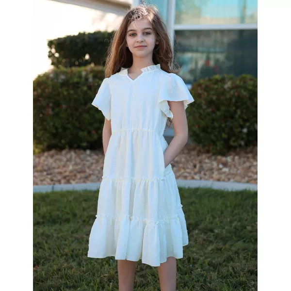 Arshiner Girls Dresses Summer Ruffle Sleeve Swiss Dot V Neck Twirl Birthday Party Midi Dress with Pockets