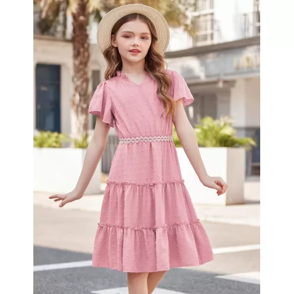 Arshiner Girls Dresses Summer Ruffle Sleeve Swiss Dot V Neck Twirl Birthday Party Midi Dress with Pockets