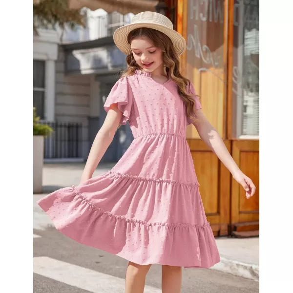 Arshiner Girls Dresses Summer Ruffle Sleeve Swiss Dot V Neck Twirl Birthday Party Midi Dress with Pockets