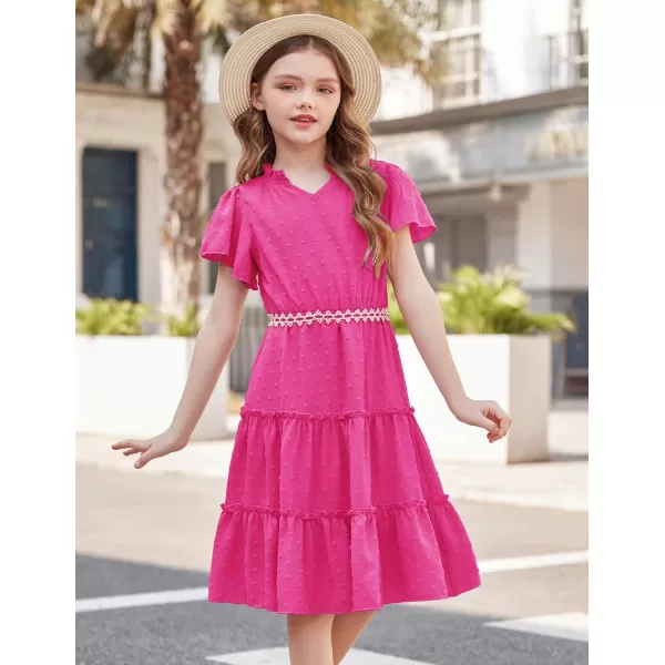 Arshiner Girls Dresses Summer Ruffle Sleeve Swiss Dot V Neck Twirl Birthday Party Midi Dress with Pockets