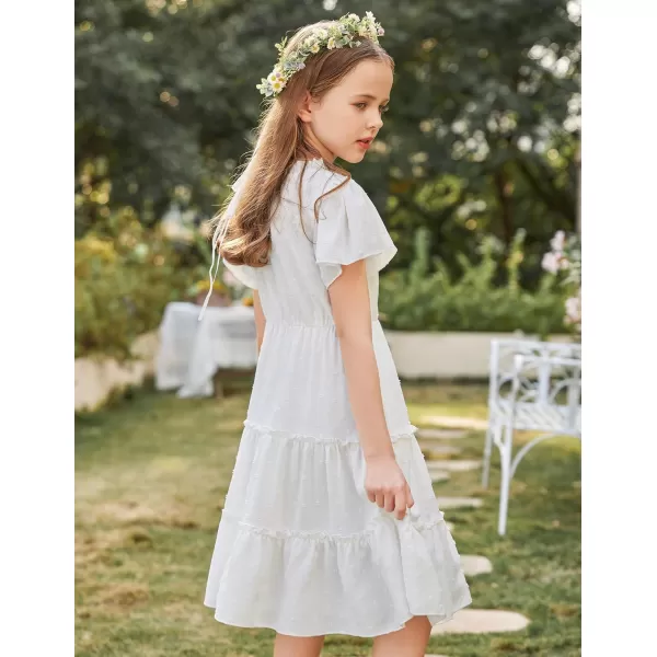 Arshiner Girls Dresses Summer Ruffle Sleeve Swiss Dot V Neck Twirl Birthday Party Midi Dress with Pockets