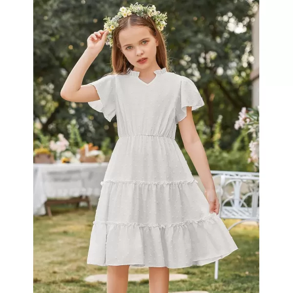 Arshiner Girls Dresses Summer Ruffle Sleeve Swiss Dot V Neck Twirl Birthday Party Midi Dress with Pockets