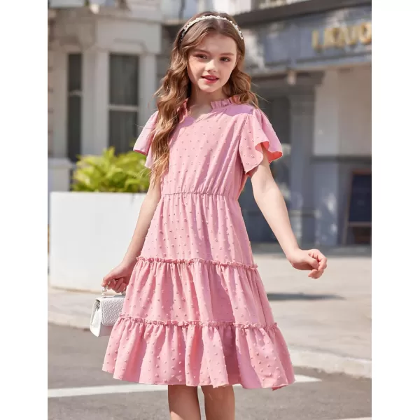 Arshiner Girls Dresses Summer Ruffle Sleeve Swiss Dot V Neck Twirl Birthday Party Midi Dress with Pockets