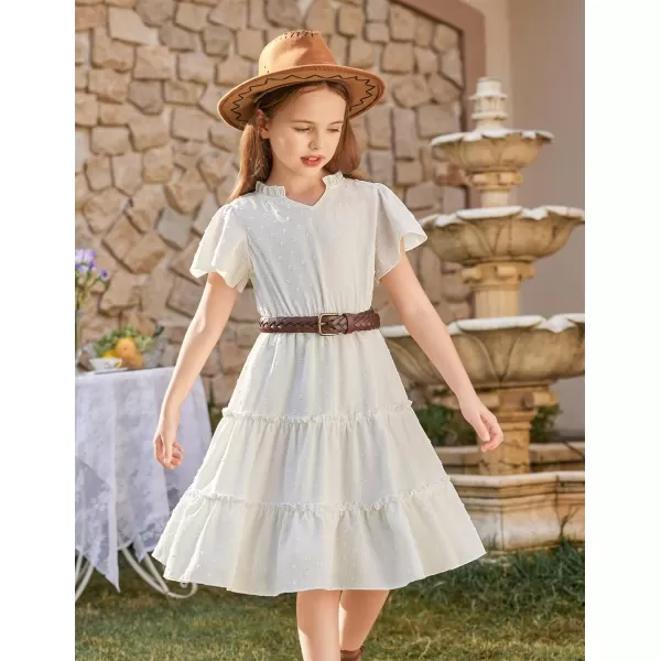 Arshiner Girls Dresses Summer Ruffle Sleeve Swiss Dot V Neck Twirl Birthday Party Midi Dress with Pockets