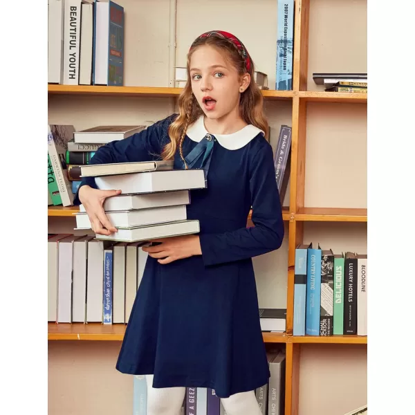 Arshiner Girls Long Sleeve Dress Casual Vintage Peter Pan Collar Swing Party Dress Age 3-14 Years