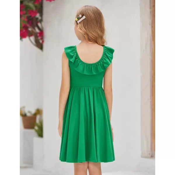 Arshiner Girls Ruffle Trim Neckline Dress A-Line Swing Casual Skater Dresses with Pockets 4-11 Years