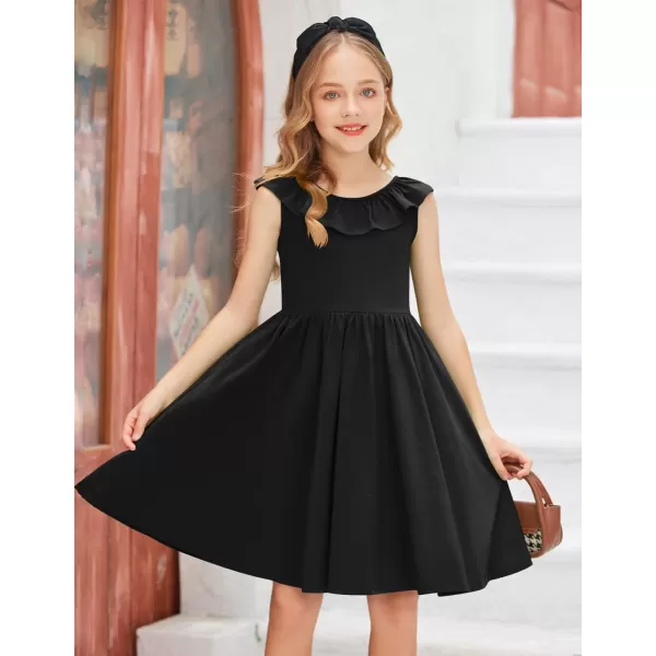 Arshiner Girls Ruffle Trim Neckline Dress A-Line Swing Casual Skater Dresses with Pockets 4-11 Years