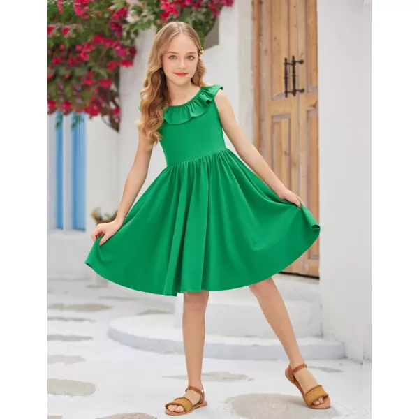 Arshiner Girls Ruffle Trim Neckline Dress A-Line Swing Casual Skater Dresses with Pockets 4-11 Years
