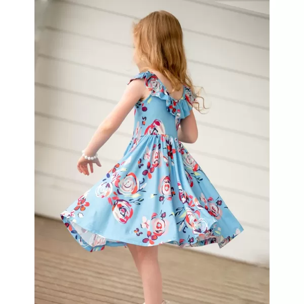 Arshiner Girls Ruffle Trim Neckline Dress A-Line Swing Casual Skater Dresses with Pockets 4-11 Years