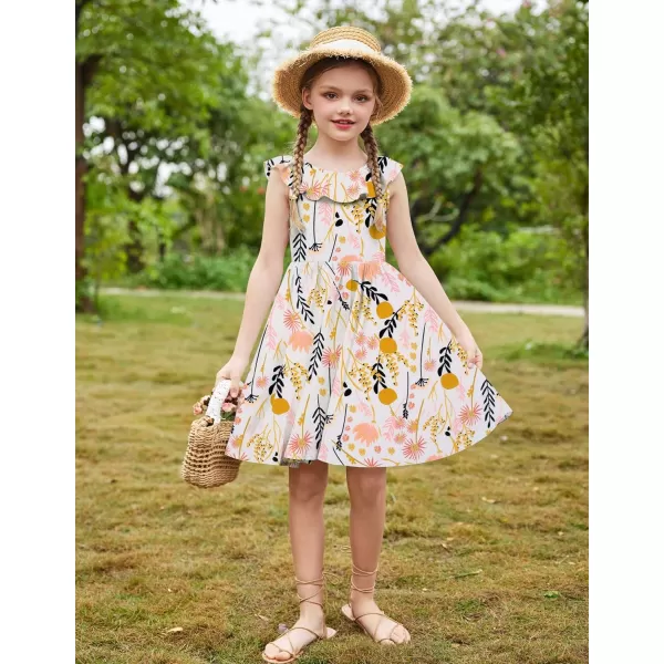 Arshiner Girls Ruffle Trim Neckline Dress A-Line Swing Casual Skater Dresses with Pockets 4-11 Years