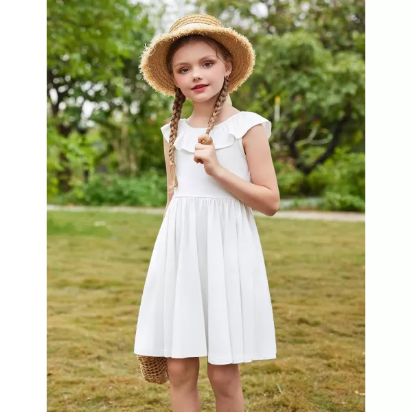 Arshiner Girls Ruffle Trim Neckline Dress A-Line Swing Casual Skater Dresses with Pockets 4-11 Years