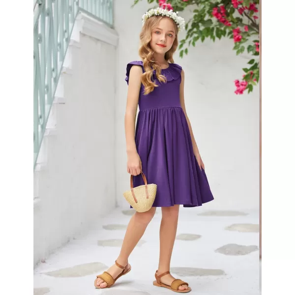 Arshiner Girls Ruffle Trim Neckline Dress A-Line Swing Casual Skater Dresses with Pockets 4-11 Years