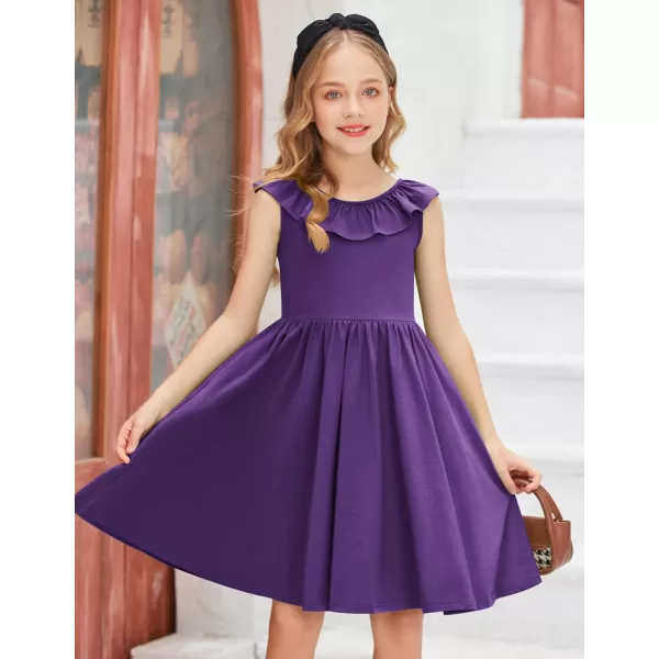 Arshiner Girls Ruffle Trim Neckline Dress A-Line Swing Casual Skater Dresses with Pockets 4-11 Years