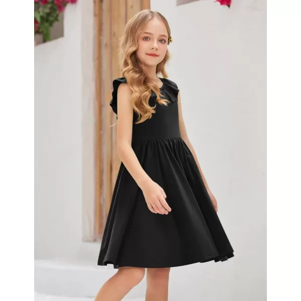 Arshiner Girls Ruffle Trim Neckline Dress A-Line Swing Casual Skater Dresses with Pockets 4-11 Years
