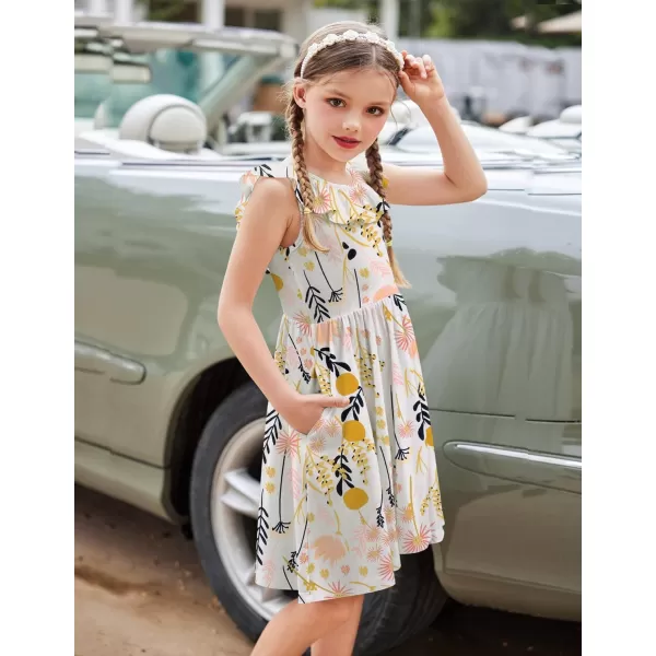 Arshiner Girls Ruffle Trim Neckline Dress A-Line Swing Casual Skater Dresses with Pockets 4-11 Years