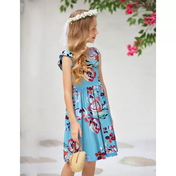 Arshiner Girls Ruffle Trim Neckline Dress A-Line Swing Casual Skater Dresses with Pockets 4-11 Years