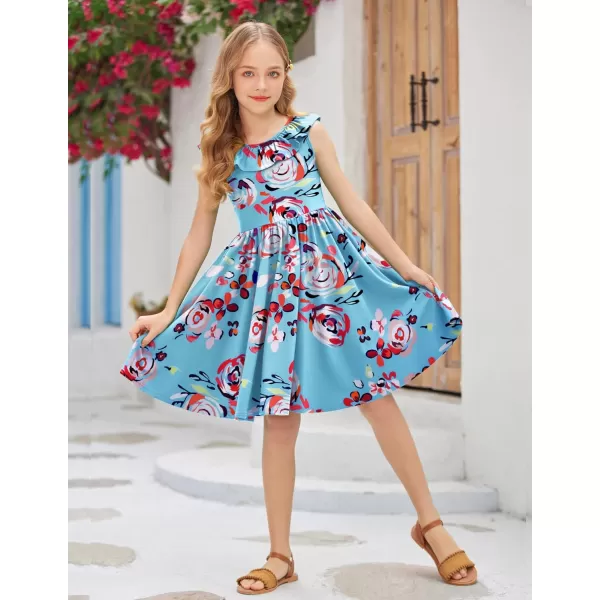 Arshiner Girls Ruffle Trim Neckline Dress A-Line Swing Casual Skater Dresses with Pockets 4-11 Years