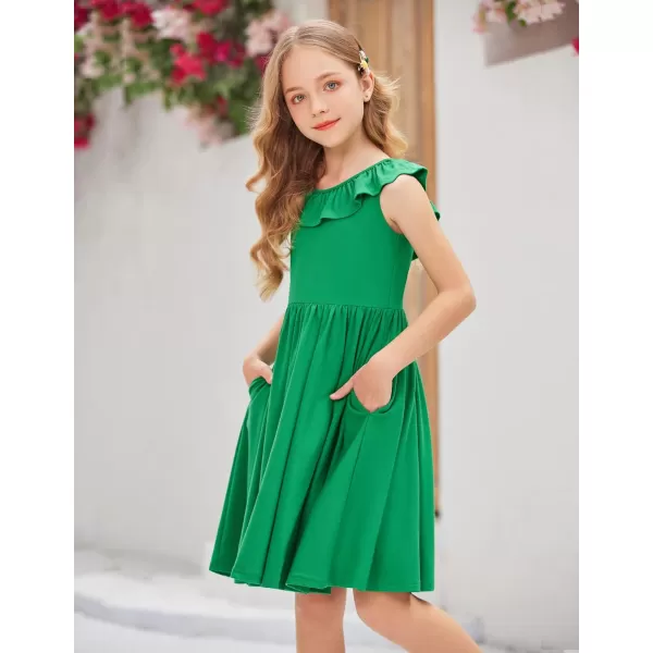 Arshiner Girls Ruffle Trim Neckline Dress A-Line Swing Casual Skater Dresses with Pockets 4-11 Years