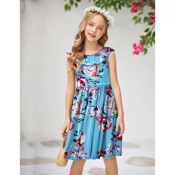 Arshiner Girls Ruffle Trim Neckline Dress A-Line Swing Casual Skater Dresses with Pockets 4-11 Years