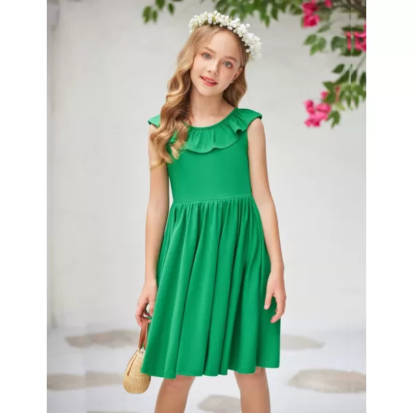 Arshiner Girls Ruffle Trim Neckline Dress A-Line Swing Casual Skater Dresses with Pockets 4-11 Years