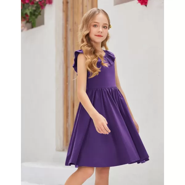Arshiner Girls Ruffle Trim Neckline Dress A-Line Swing Casual Skater Dresses with Pockets 4-11 Years
