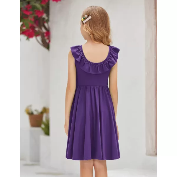 Arshiner Girls Ruffle Trim Neckline Dress A-Line Swing Casual Skater Dresses with Pockets 4-11 Years