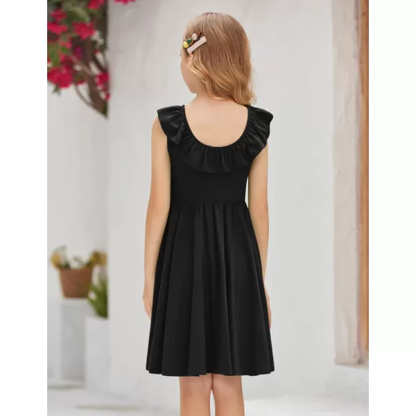 Arshiner Girls Ruffle Trim Neckline Dress A-Line Swing Casual Skater Dresses with Pockets 4-11 Years