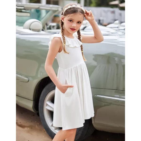 Arshiner Girls Ruffle Trim Neckline Dress A-Line Swing Casual Skater Dresses with Pockets 4-11 Years