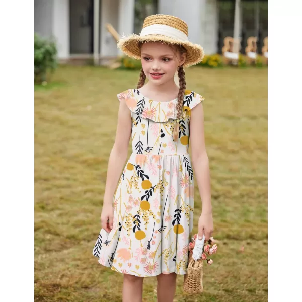 Arshiner Girls Ruffle Trim Neckline Dress A-Line Swing Casual Skater Dresses with Pockets 4-11 Years