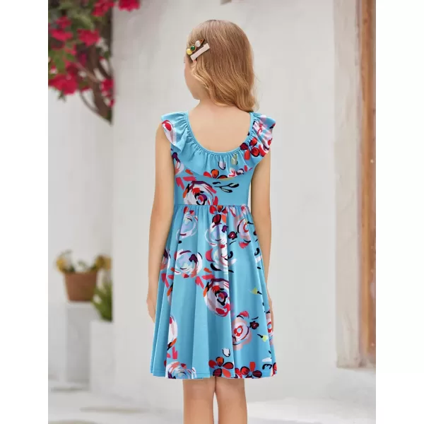 Arshiner Girls Ruffle Trim Neckline Dress A-Line Swing Casual Skater Dresses with Pockets 4-11 Years