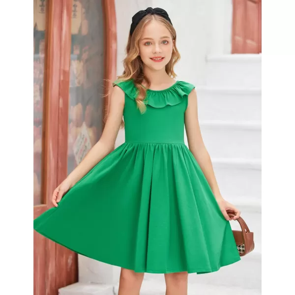 Arshiner Girls Ruffle Trim Neckline Dress A-Line Swing Casual Skater Dresses with Pockets 4-11 Years