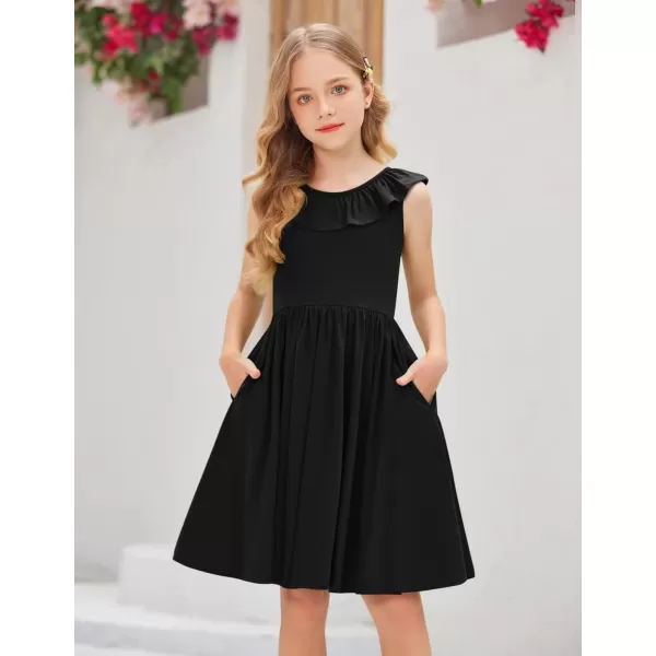 Arshiner Girls Ruffle Trim Neckline Dress A-Line Swing Casual Skater Dresses with Pockets 4-11 Years