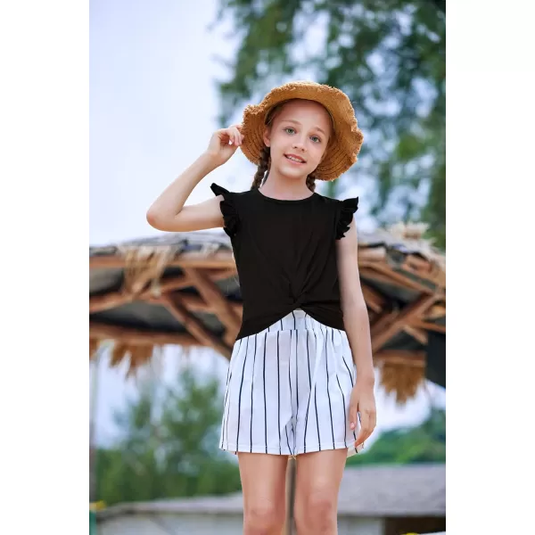 Arshiner Girls Shorts Sets 2 Pieces Outfits Twist Front Ruffle Sleeve T-Shirts and Shorts With Pockets Cute Clothes Sets