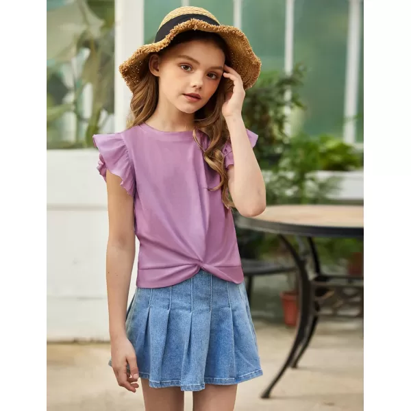 Arshiner Girls Shorts Sets 2 Pieces Outfits Twist Front Ruffle Sleeve T-Shirts and Shorts With Pockets Cute Clothes Sets