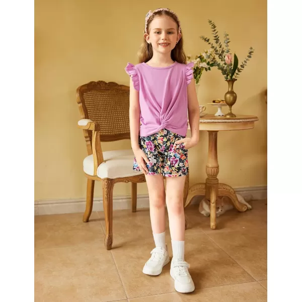 Arshiner Girls Shorts Sets 2 Pieces Outfits Twist Front Ruffle Sleeve T-Shirts and Shorts With Pockets Cute Clothes Sets