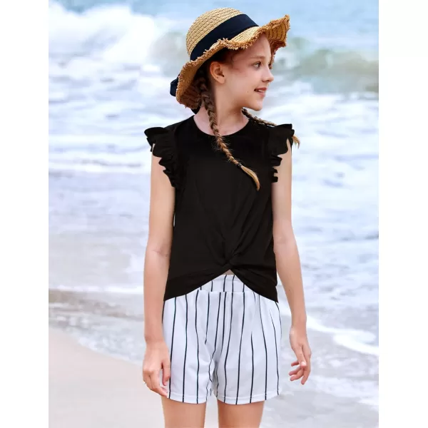Arshiner Girls Shorts Sets 2 Pieces Outfits Twist Front Ruffle Sleeve T-Shirts and Shorts With Pockets Cute Clothes Sets