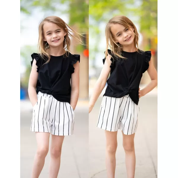 Arshiner Girls Shorts Sets 2 Pieces Outfits Twist Front Ruffle Sleeve T-Shirts and Shorts With Pockets Cute Clothes Sets