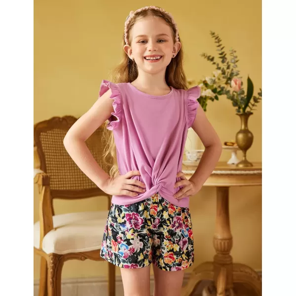 Arshiner Girls Shorts Sets 2 Pieces Outfits Twist Front Ruffle Sleeve T-Shirts and Shorts With Pockets Cute Clothes Sets