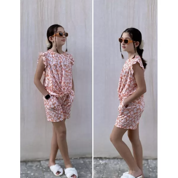 Arshiner Girls Shorts Sets 2 Pieces Outfits Twist Front Ruffle Sleeve T-Shirts and Shorts With Pockets Cute Clothes Sets