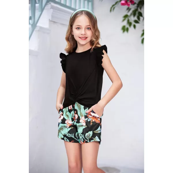 Arshiner Girls Shorts Sets 2 Pieces Outfits Twist Front Ruffle Sleeve T-Shirts and Shorts With Pockets Cute Clothes Sets