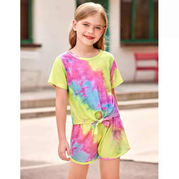 Arshiner Girls Summer Shorts Set Kids 2Pcs Tie Dye Sport T-Shirt and Shorts Set Floral Print Clothing Sets