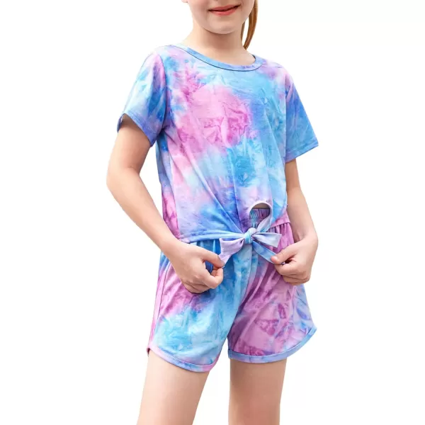 Arshiner Girls Summer Shorts Set Kids 2Pcs Tie Dye Sport T-Shirt and Shorts Set Floral Print Clothing Sets