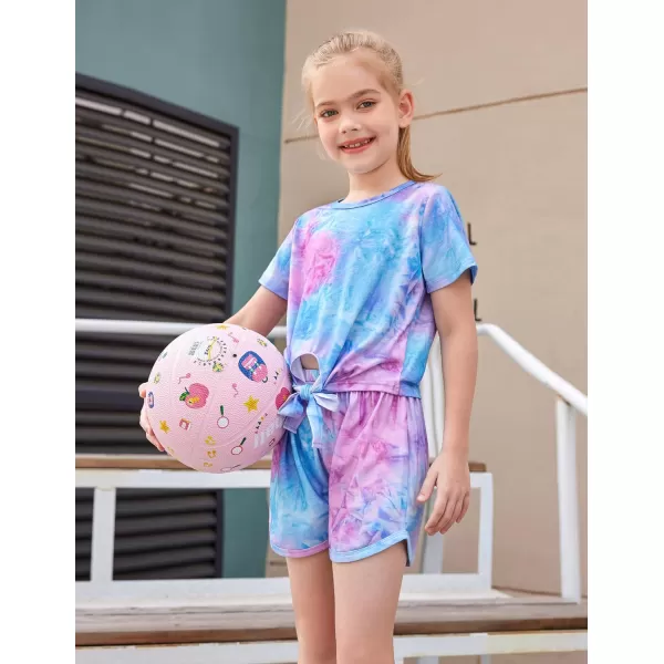 Arshiner Girls Summer Shorts Set Kids 2Pcs Tie Dye Sport T-Shirt and Shorts Set Floral Print Clothing Sets