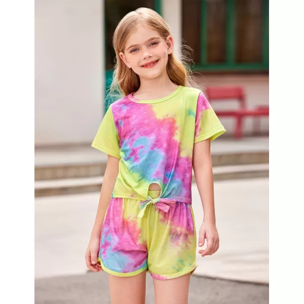 Arshiner Girls Summer Shorts Set Kids 2Pcs Tie Dye Sport T-Shirt and Shorts Set Floral Print Clothing Sets