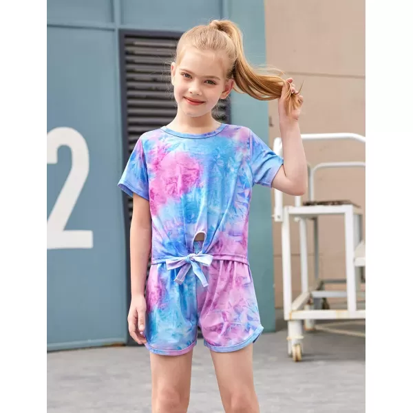 Arshiner Girls Summer Shorts Set Kids 2Pcs Tie Dye Sport T-Shirt and Shorts Set Floral Print Clothing Sets