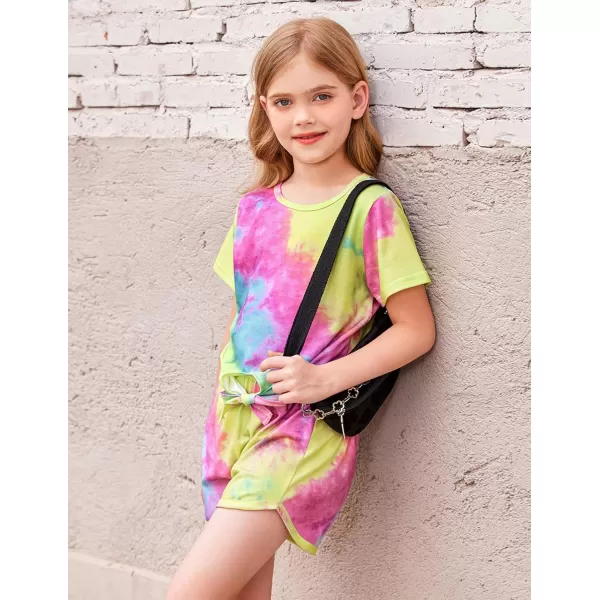 Arshiner Girls Summer Shorts Set Kids 2Pcs Tie Dye Sport T-Shirt and Shorts Set Floral Print Clothing Sets