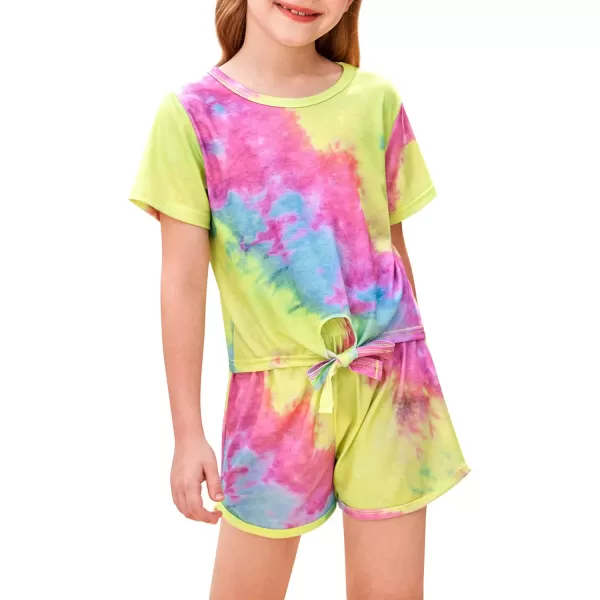 Arshiner Girls Summer Shorts Set Kids 2Pcs Tie Dye Sport T-Shirt and Shorts Set Floral Print Clothing Sets