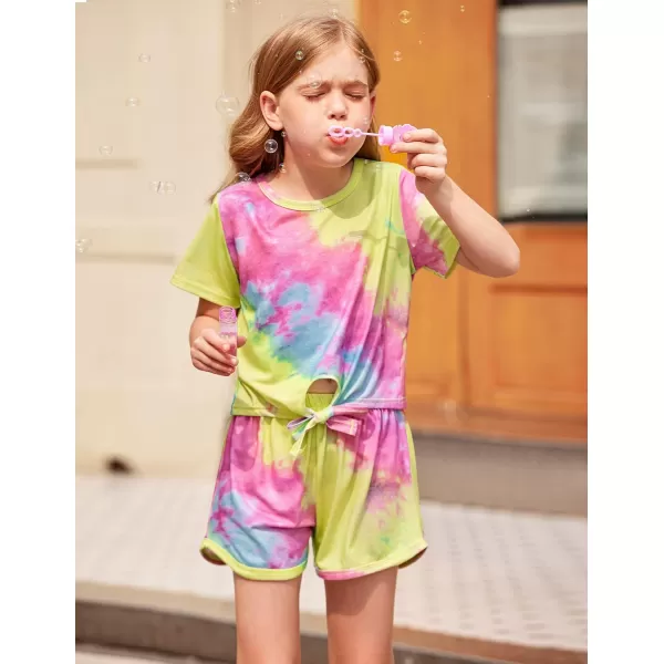 Arshiner Girls Summer Shorts Set Kids 2Pcs Tie Dye Sport T-Shirt and Shorts Set Floral Print Clothing Sets